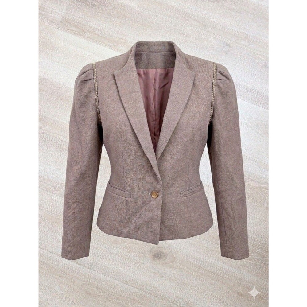 Vtg 80s TOMBOY Wool Blazer Puff Shoulder Taupe Tan Academia Sz XS 2 4 Victorian